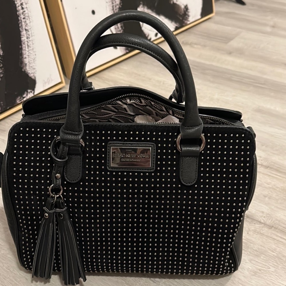 Marc New York black leather and velvet purse with a tassel medium size
